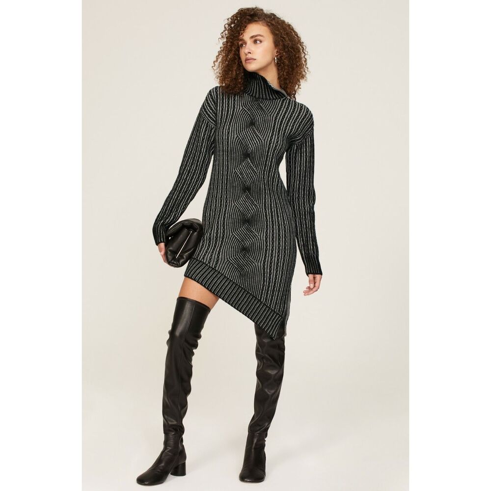 NWT NAADAM Color Plaited Asymmetrical Long Sleeve Tunic Dress Black Combo Small